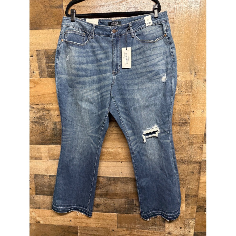 NWT Judy Blue Mid Rise Destroyed Knee Bootcut Jeans 22W‎ Distressed Frayed Hem